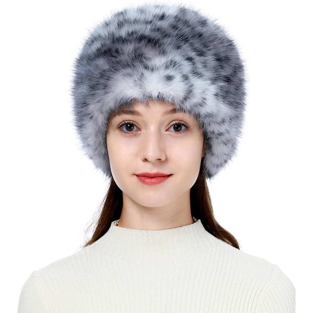 Women Gray Leopard Warm Winter Hat Faux Fur Russian Cossack Style